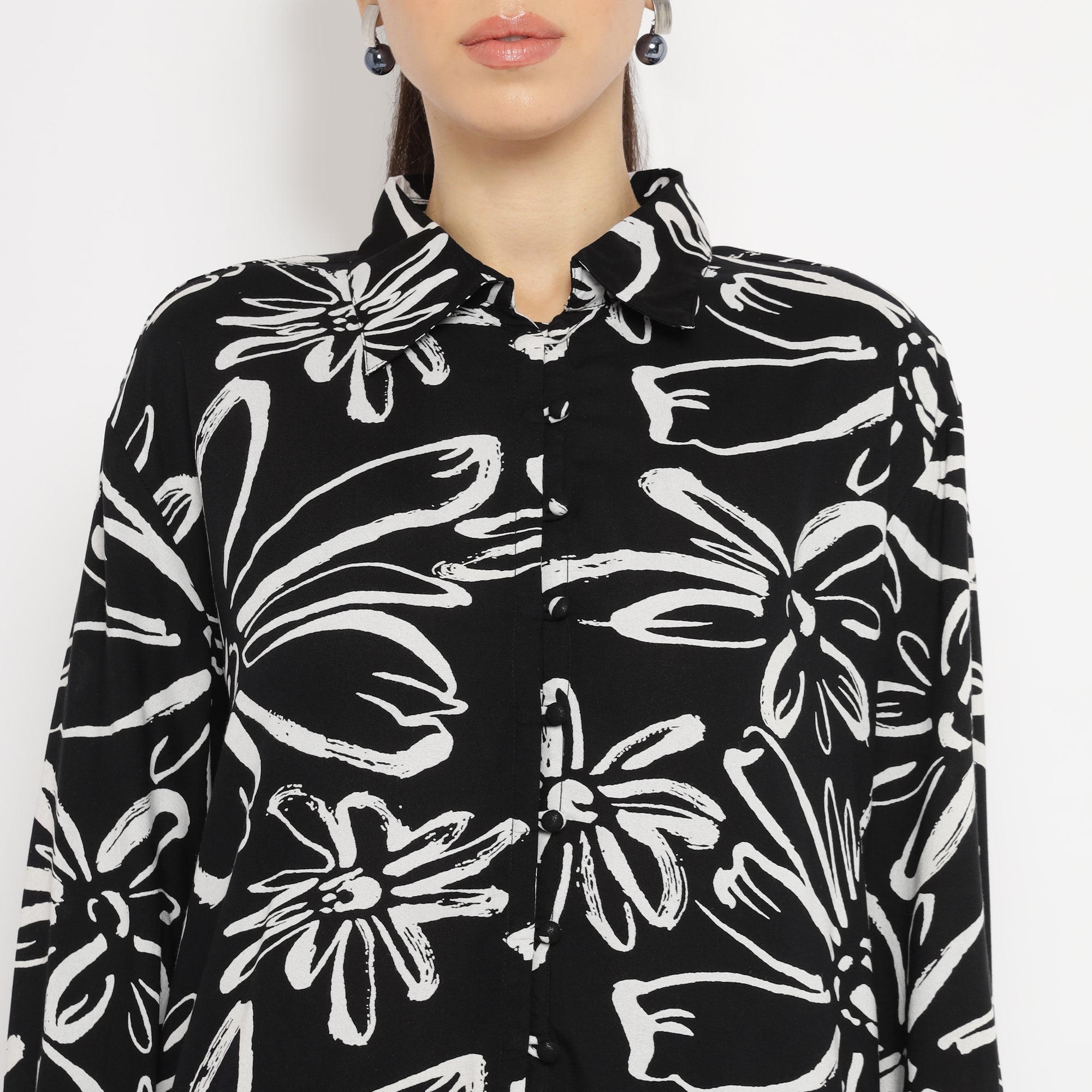 Black Oversized Floral Shirt and Straight Pants Co-ord Set